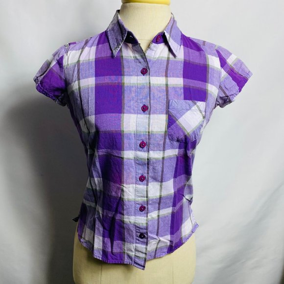 Arizona jeans junior shirts size small checked purple 100% cotton - Picture 1 of 4